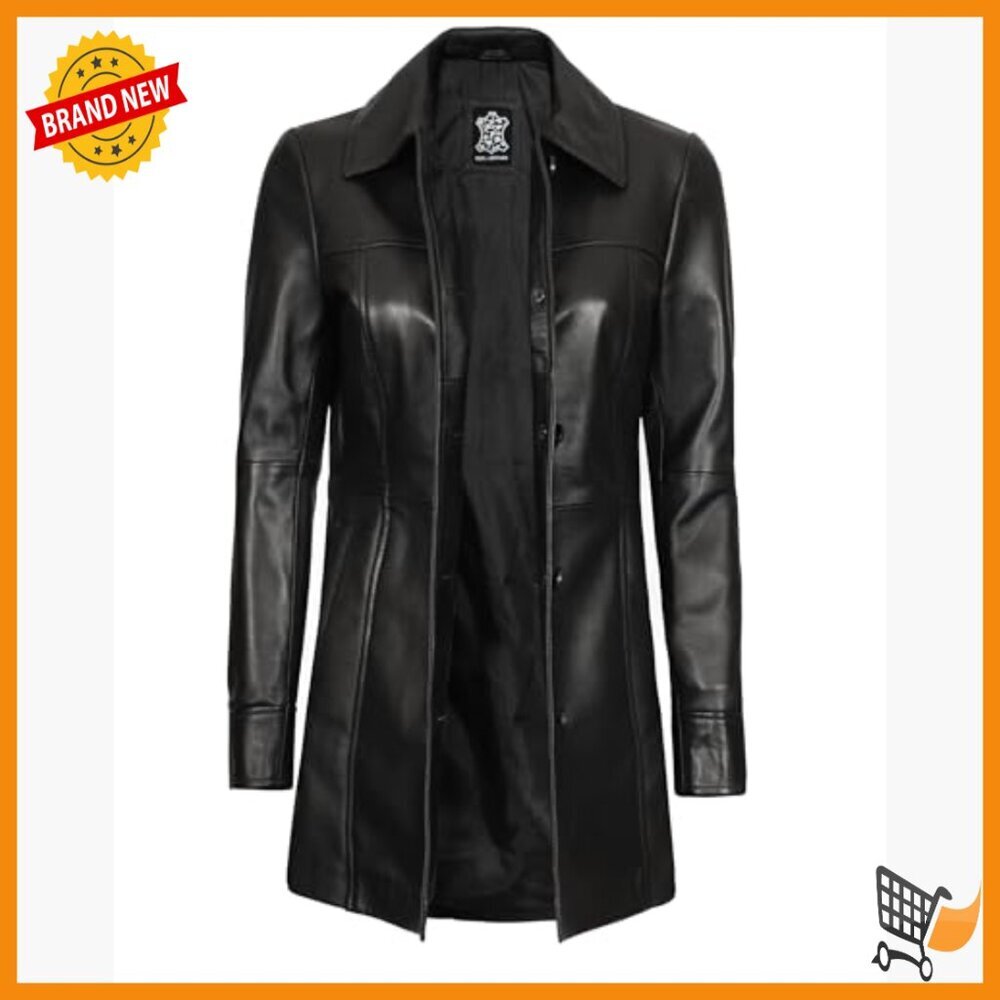 Real Lambskin Leather Trench Coat with Thumbholes and Phone Pocket - Picture 4 of 7